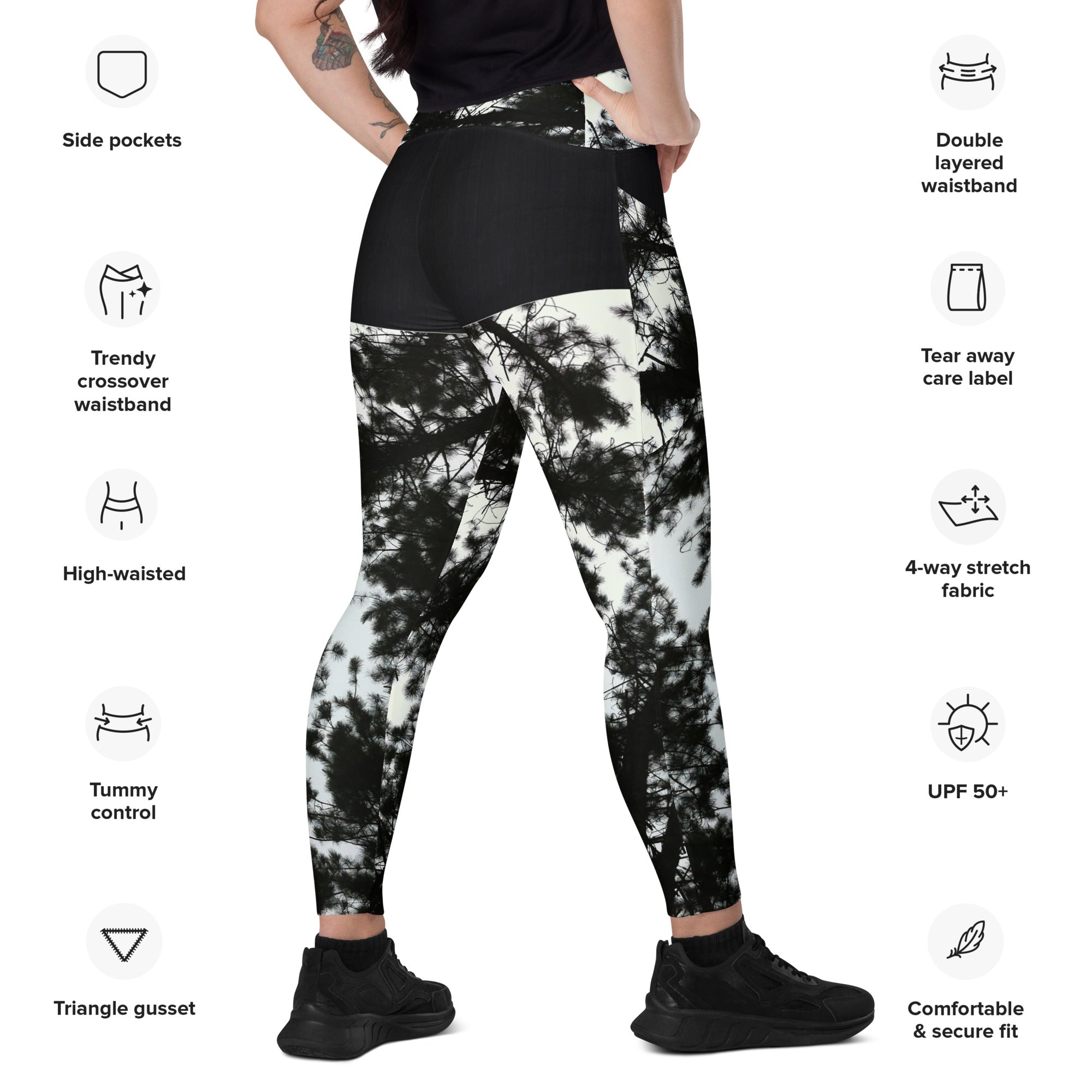 Workout or Dance Leggings with Pockets. Crossover Waist Yoga Pants- Black & White Leggings. WickedYo.